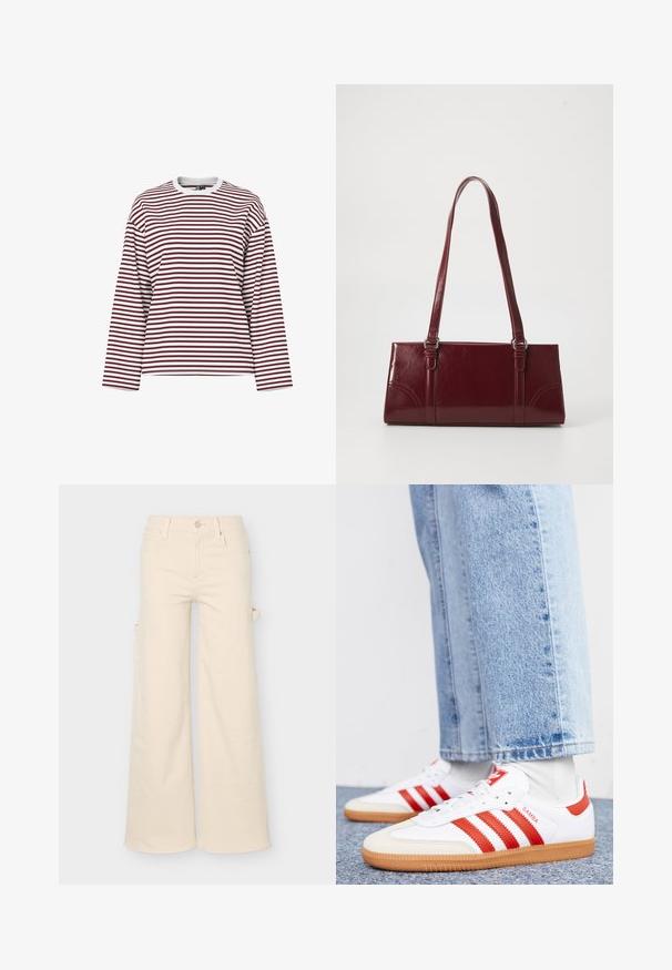 Chemise à manches longues rayée en bordeaux et blanc, avec un col rond et une coupe décontractée. Tissu doux avec des rayures horizontales uniformes.; Pantalon beige à jambes larges avec poches avant et arrière, passants de ceinture, fermeture à boutons et détail boucle latérale sur fond uni.; Baskets en cuir blanc avec des rayures et des accents rouges. Dotées d'une semelle extérieure en gomme texturée et d'un col rembourré. Portées avec un jean en denim bleu clair.; Sac à main bordeaux en matériau brillant, de forme rectangulaire, avec deux anses et des accents légèrement courbés à l'avant.