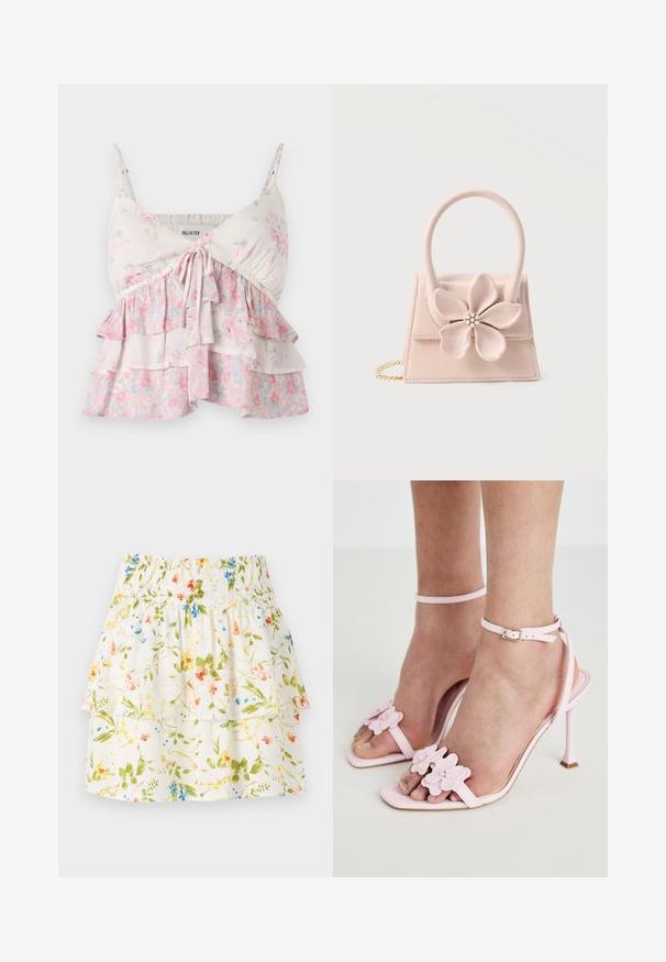 Top de camisón floral con tirantes ajustables, que presenta volantes en capas en tonos blancos, rosas y verdes; material de algodón ligero y suave.; Falda de estampado floral con cintura fruncida, capas con volantes y fondo blanco que presenta flores en verde, rojo y azul.; Sandalias de tacón alto rosas con apliques florales, tiras delgadas en el tobillo y diseño destalonado. Textura suave y forma de puntera puntiaguda.; Bolso pequeño de color rosa pálido con una gran decoración de flor que presenta un centro de perlas y pedrería, asa superior y correa de cadena dorada.