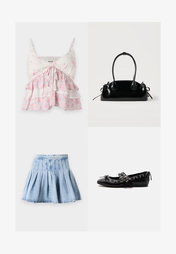 Blomster camisole-top med justerbare stropper, med lagdelte flæser i hvide, lyserøde og grønne nuancer; let, blødt bomuldsstof.; Denimnederdel i lyseblå, med et fuldt plisseret design og en talje. Stoffet har en subtil tekstur med synlige sømdetaljer.; Sort flad balletsko med dobbelt spænde, sølvøjer og en lille sløjfe nær den runde tå på en hvid baggrund.; Lille sort blank håndtaske med to lange håndtag og snøre-detaljer i siden på en ensfarvet lys baggrund.