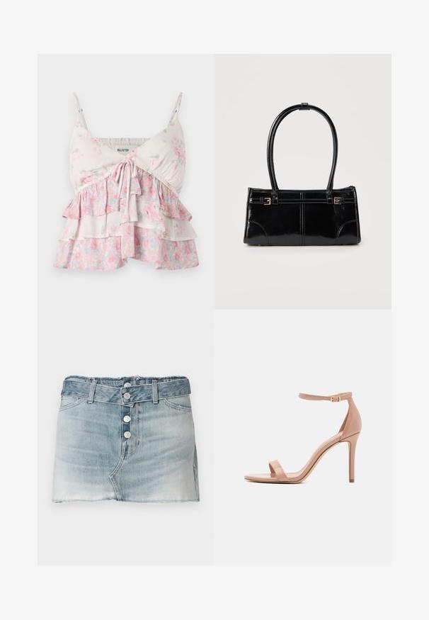 Blomster camisole-top med justerbare stropper, med lagdelte flæser i hvide, lyserøde og grønne nuancer; let, blødt bomuldsstof.; Denim mini skirt i lys blå vask, med en frynset kant, fem-knaps frontlukning og bæltestropper. Klassisk fem-lomme design.; Madden Girl BRAZEN - Sandaler - dark nude; Glansfuld sort rektangulær håndtaske med to tynde skulderremme og små guldbeslag foran.