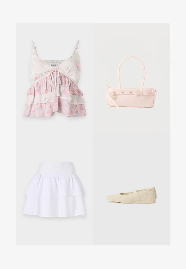Blomster camisole-top med justerbare stropper, med lagdelte flæser i hvide, lyserøde og grønne nuancer; let, blødt bomuldsstof.; Hvid lagdelt nederdel lavet af letvægtigt stof, med et blødt design, elastisk talje og to voluminøse lag.; Lysebrune ballet flats med en glat læderoverflade, mandelformet tå og elastisk rem over vristen, med diskrete syninger.; Lyserød rektangulær håndtaske med dobbelte håndtag, dekorativ sløjfe, metalnitter og lille hjerteformet vedhæng på en ensfarvet baggrund.