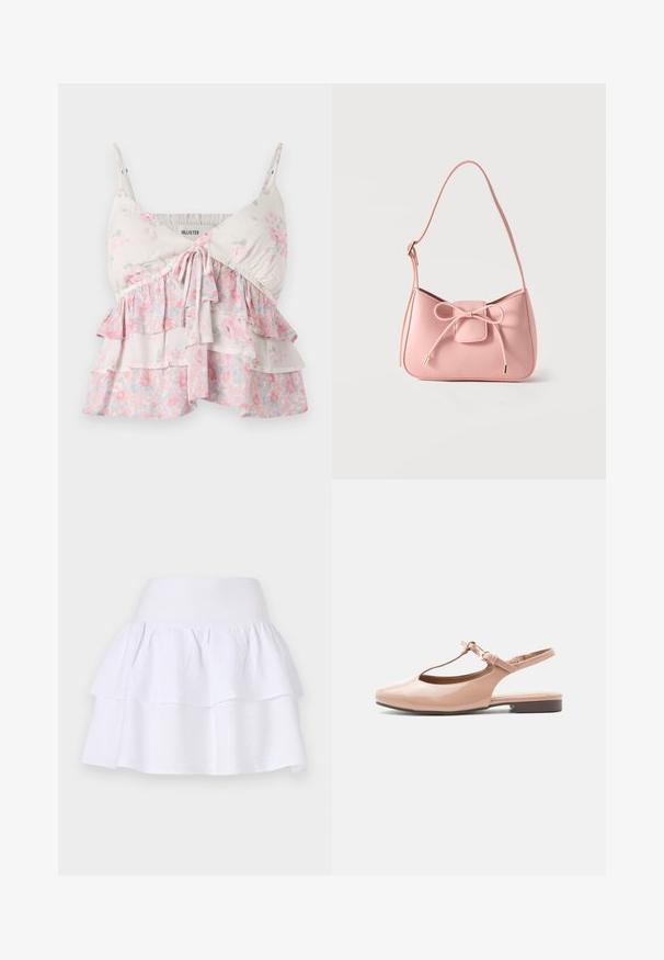 Blomster camisole-top med justerbare stropper, med lagdelte flæser i hvide, lyserøde og grønne nuancer; let, blødt bomuldsstof.; Hvid lagdelt nederdel lavet af letvægtigt stof, med et blødt design, elastisk talje og to voluminøse lag.; Nøgen laklæder flad sko med T-rem, spænde lukning, lukket spids tå og slingback hæl på hvid baggrund.; Lille skuldertaske i pastel lyserød med justerbar strop og frontsløjfe med guldspidsdetaljer på ensfarvet baggrund.