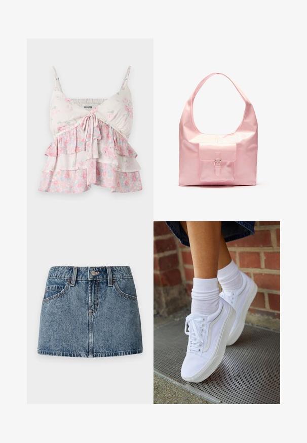 Blomster camisole-top med justerbare stropper, med lagdelte flæser i hvide, lyserøde og grønne nuancer; let, blødt bomuldsstof.; Denim mini nederdel i middelblå vask, med en tætsiddende talje, forlommer og subtile syninger. Glat, struktureret stoffinish.; Hvide lærreds sneakers med gummisåler, der har seks snørehuller, rund tå og let sømdetaljer, krydret med hvide ankelstrømper.; Lyserød håndtaske med en blank finish, stor skulderrem, forlommer med dekorativ spænde detalje. Glat tekstur, minimalistisk design.