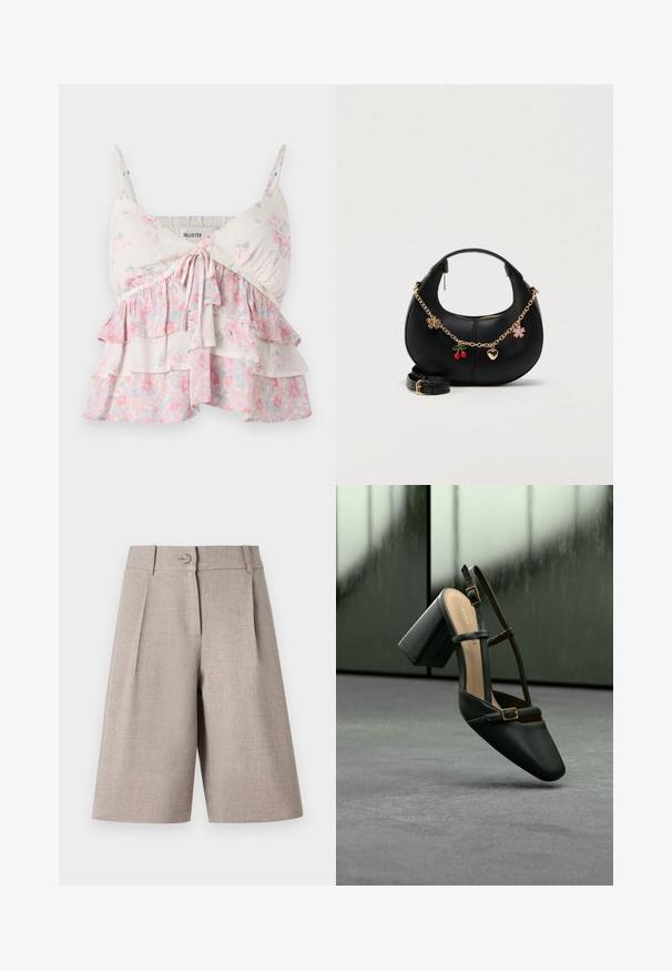 Blomster camisole-top med justerbare stropper, med lagdelte flæser i hvide, lyserøde og grønne nuancer; let, blødt bomuldsstof.; Beige skræddersyede shorts med læg, med knaplukning og glat tekstur, designet til en struktureret, moderne silhuet.; Sort læder højhælet sko med spids tå, ankelstropper og gulddetaljer. Glat tekstur og solid blokhæl.; Sort læderhåndtaske med en buet form, guldkæde-rem og dekorative vedhæng, herunder en sommerfugl, kirsebær og en blomst.