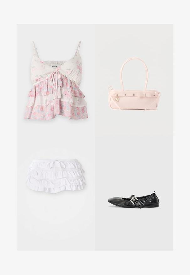 Top de camisón floral con tirantes ajustables, que presenta volantes en capas en tonos blancos, rosas y verdes; material de algodón ligero y suave.; Falda de baño blanca con volantes y múltiples capas, que presenta una cintura con cordón para ajustar. Tela suave con una textura lisa.; Zapato plano de piel negra con puntera afilada, detalle fruncido alrededor de la abertura y un acento de hebilla plateada en la correa ajustable.; Bolso rectangular de color rosa pálido con doble asa, lazo decorativo, ojales metálicos y un pequeño colgante en forma de corazón sobre un fondo liso.