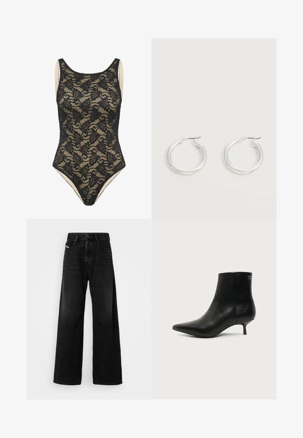 Body sin mangas de encaje floral negro con forro nude y escote redondeado.; Jeans de denim negro de pierna ancha con cintura alta, que cuentan con un cierre de botón, bolsillos delanteros y una textura desgastada.; Botín de piel negra con puntera puntiaguda y tacón bajo estilo kitten sobre fondo claro, mostrando vista lateral exterior.; Par de pendientes de aro plateados brillantes de tamaño mediano con cierres metálicos finos sobre un fondo neutro claro.
