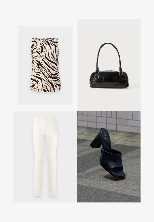 Débardeur noir et crème à motif zèbre avec un tissu texturé, design ajusté et encolure ronde. Présente des fronces horizontales sur les côtés.; Jean en denim blanc avec jambe droite, taille haute, poches avant et fermeture à un seul bouton. Texture lisse, détails de couture minimaux.; Sandale mule noire à talon haut avec une large bride, un bout carré, et le logo ALDO sur la semelle intérieure rembourrée, sur un fond de pavé texturé.; Sac à main en cuir noir de forme rectangulaire, doté d'une seule ansse structurée, de quincaillerie argentée et d'une fermeture éclair. Texture lisse.