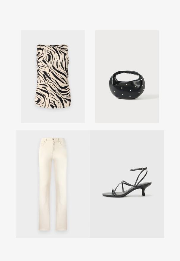 Débardeur noir et crème à motif zèbre avec un tissu texturé, design ajusté et encolure ronde. Présente des fronces horizontales sur les côtés.; Jean en denim beige avec un design classique à jambe droite. Comprend cinq poches, une fermeture éclair et des coutures discrètes le long des coutures.; Sandales noires à talons avec des fines lanières, un design ouvert à l'avant et un petit talon évasé. Le matériau semble lisse et brillant.; Sac à main en cuir noir de forme arrondie, décoré de clous argentés et équipé d'une poignée courte. Texture lisse et fermeture éclair.