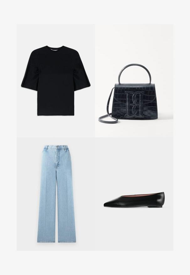 Haut noir à manches courtes avec de larges manches évasées et un col rond, présenté sur un fond blanc.; Jeans larges bleu clair en denim avec une taille haute, comprenant cinq passants de ceinture, une fermeture à bouton à l'avant et des coutures cousues.; Chaussure plate en cuir noir pour femme, avec bout pointu et petit talon, vue de côté sur un fond gris clair uni.; Sac à main en cuir noir embossé en crocodile avec un design structuré, une poignée supérieure, une bandoulière ajustable et un détail de logo en avant bien visible.