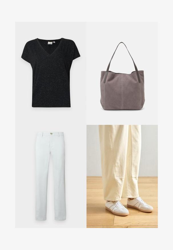 Čierne tričko s v-neck výstrihom a krátkymi rukávmi, vyrobené z textúrovaného materiálu a s voľným strihom. Taga sú viditeľné vo vnútri výstrihu.; Svetlo šedé nohavice vyrobené z bavlneného zmesi; rovný strih s hladkou textúrou, s predným gombíkom a štandardnými vreckami.; Biele tenisky s kombináciou hladkej a semišovej textúry, s béžovými akcentmi a gumovou podrážkou, spárované s svetlými širokými nohavicami.; Sivá semišová taška cez rameno s dvoma tmavými koženými rúčkami. Obsahuje prešitie na bočných stranách, jemnú textúru a priestranné otvorenie.