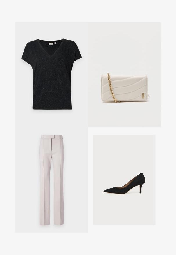 Camiseta negra de cuello en v con mangas cortas, que presenta un tejido texturizado y un corte casual. Etiqueta visible en el interior del escote.; Pantalones ajustados color rosa claro con corte recto, que cuentan con un cierre de botón, dos bolsillos frontales y pliegues prensados para mayor estructura.; Zapato de salón negro de ante con punta afilada, tacón stiletto de altura media y suela interior color cuero claro sobre un fondo claro.; Bolso blanco rectangular acolchado con una correa de cadena dorada y un pequeño logo dorado en la esquina inferior derecha.