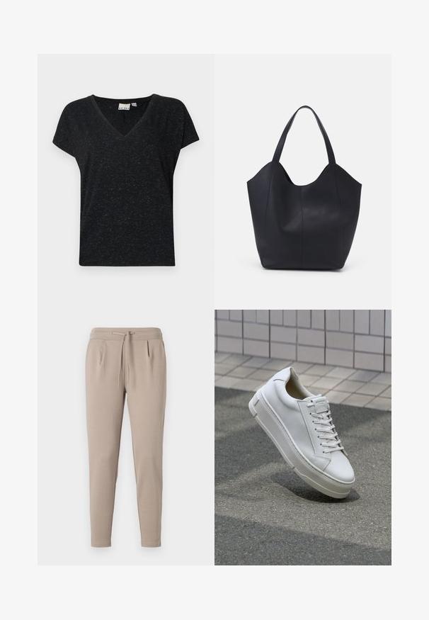 Zwarte v-hals t-shirt met korte mouwen, gemaakt van een textuurlijke stof en met een casual pasvorm. Etiket zichtbaar binnenin de hals.; Beige jogger broek gemaakt van zachte stof, met een elastische tailleband en trekkoord, en zijzakken. Tapered leg ontwerp.; Witte leren sneaker met een low-top ontwerp, platte veters, ronde neus en textuur zijden. Dikke rubberen zool met subtiele accenten.; Zwarte tote tas van glad leer, met een gebogen, open bovenkant en twee schouderbanden, en een minimalistisch ontwerp.