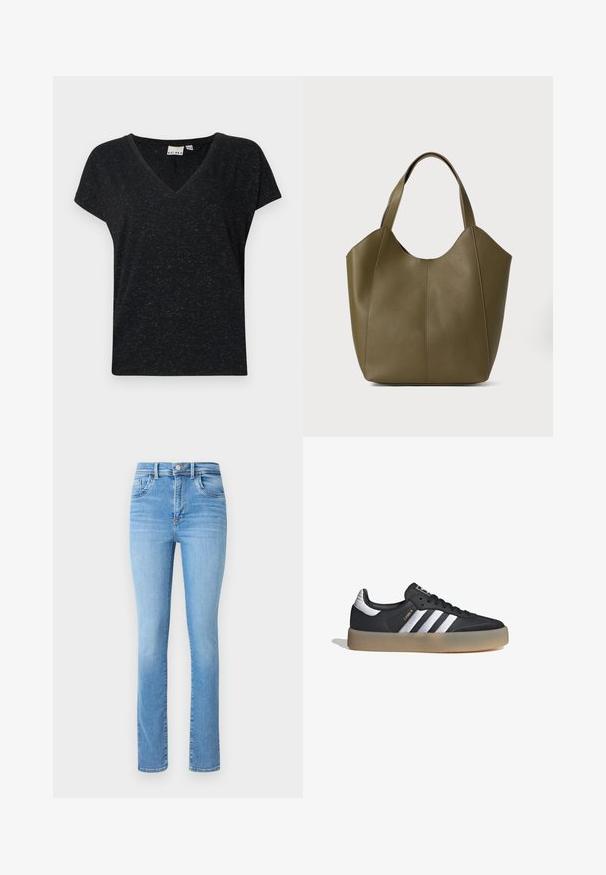 Camiseta negra de cuello en v con mangas cortas, que presenta un tejido texturizado y un corte casual. Etiqueta visible en el interior del escote.; Jeans de denim azul claro con un diseño de pierna recta, cintura alta, estilo de cinco bolsillos tradicional y detalles de desvanecimiento sutil.; Zapatilla deportiva de cuero negro con tres rayas plateadas, punta texturizada y suela de goma. Cuenta con un collar acolchado y un diseño con cordones.; Bolso tote de piel verde oliva con asas dobles, textura suave y diseño de cuatro paneles. Costura reforzada a lo largo de las costuras para mayor durabilidad.