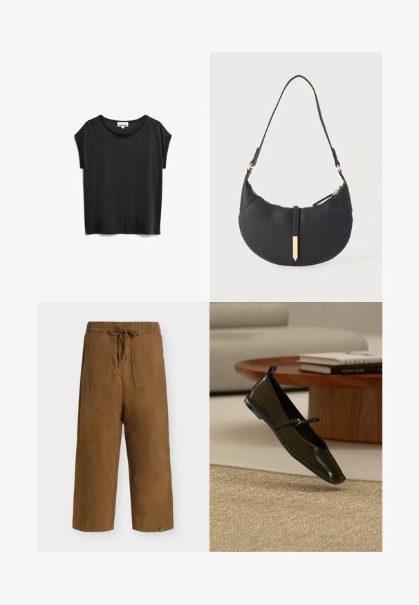 Schwarzes T-Shirt mit kurzen Ärmeln aus weichem Material, mit rundem Ausschnitt und einem lässigen Schnitt mit umgeschlagenen Ärmeln.; Braune weit geschnittene Hose mit elastischem Bund, vorderem Kordelzug, großen Fronttaschen und Knopfdetails am Saum.; Schwarzer Mary Jane Ballerina aus Leder schwebt über einem beigen gewebten Teppich mit einem runden Holztisch und gestapelten Büchern im Hintergrund.; Schwarze halbmondförmige Handtasche mit einem einzelnen Träger, goldenem Reißverschluss und einer goldenen rechteckigen dekorativen Lasche vorne.