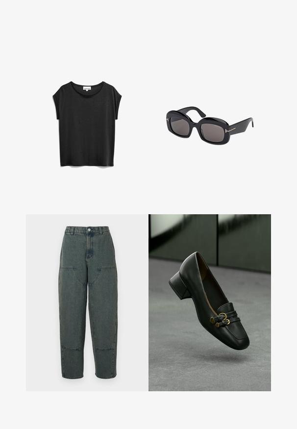 Schwarzes T-Shirt mit kurzen Ärmeln aus weichem Material, mit rundem Ausschnitt und einem lässigen Schnitt mit umgeschlagenen Ärmeln.; Dunkelblaue Denim-Hosen mit lässiger Passform, ausgestattet mit Seitentaschen und kontrastierenden Nähten. Der Stoff hat eine leicht verblasste Textur.; Schwarze Lederloafer mit einem niedrigen Blockabsatz und goldfarbenen Schnallenelementen. Sie haben eine abgerundete Spitze und eine strukturierte Oberfläche.; Schwarze übergroße Sonnenbrille mit glänzendem Finish, quadratischen Gläsern und goldenen Akzenten an den Schläfen. Merkmale ein kühnes, klobiges Design.
