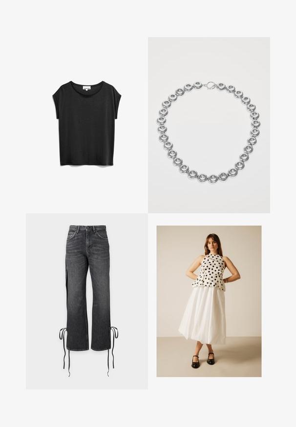 Schwarzes T-Shirt mit kurzen Ärmeln aus weichem Material, mit rundem Ausschnitt und einem lässigen Schnitt mit umgeschlagenen Ärmeln.; Hoch taillierte schwarze ausgewaschene Jeans mit geraden Beinen, Vorderstaschen und seitlichen Schlitzen, die an den Säumen mit langen Bändern gebunden sind, auf einfarbigem Hintergrund.; Frau steht mit den Händen in der Hüfte, trägt ein ärmelloses weißes Oberteil mit schwarzen Punkten, einen weißen Midirock und schwarze Mary-Jane-Schuhe.; Silberne Halskette mit gleichmäßig verteilten, runden Scheibenperlen und einem Toggle-Verschluss auf einem weißen Hintergrund.