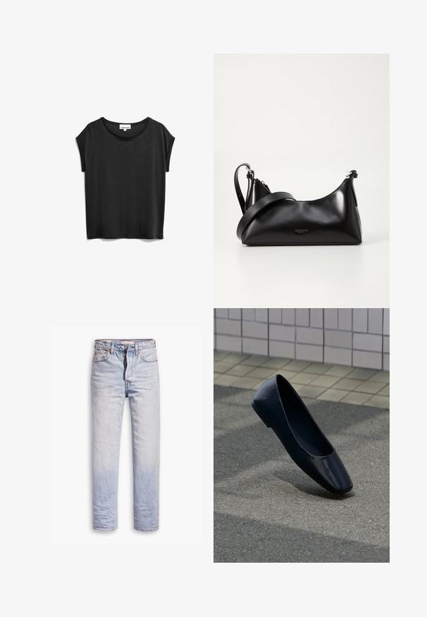 Zwart t-shirt met korte mouwen, gemaakt van zachte stof, met een ronde halslijn en een comfortabele pasvorm met opgerolde mouwen.; Lichtblauwe denim jeans met een straight leg ontwerp, voorzien van een knoopgulp, vijf zakken en subtiele vervaging langs de benen.; Zwarte leren platte schoen staat rechtop op een asfaltoppervlak nabij de rand van een betegeld trottoir.; Zwarte leren handtas met een gladde textuur. Beschikt over een verstelbare schouderband en een strak, minimalistisch ontwerp met een ritssluiting.