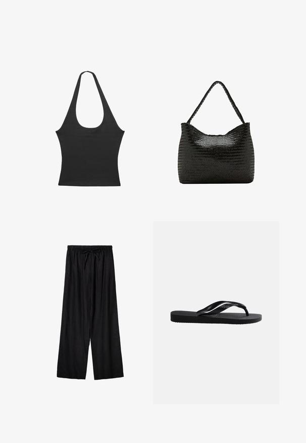 Top sans manches noir avec un col rond, fabriqué en tissu doux. Présente une silhouette ajustée et des bords nets. Pas de motifs ou d'accents supplémentaires.; Pantalon ample noir à taille élastique avec cordon de serrage devant, fabriqué en tissu léger.; Tongs en caoutchouc noir avec semelle texturée et bride en Y lisse sur un fond clair uni.; Sac bandoulière en cuir noir tressé avec une lanière unique tressée et une forme douce et rectangulaire arrondie.