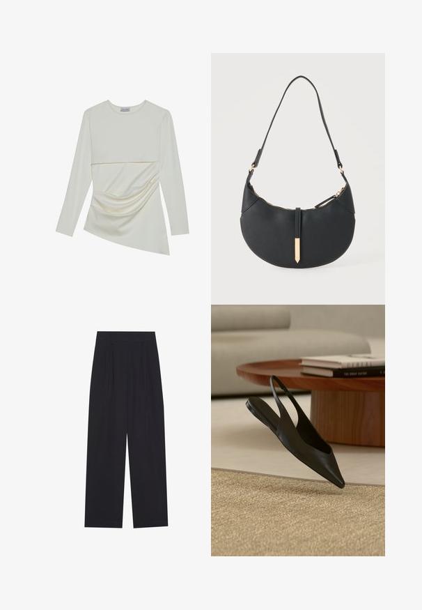 Long-sleeve cream top with a round neckline, featuring a layered design and gathered detail on the lower section. Soft fabric with a smooth texture.; Black wide-leg trousers made of a smooth fabric, featuring pleats, a flat front waistband, and no visible pockets or embellishments.; Black pointed-toe slingback flat shoe near wooden round table with stacked books on beige carpet in modern living room.; Black crescent-shaped handbag with a single strap, gold zipper, and a gold rectangular decorative tab on the front.