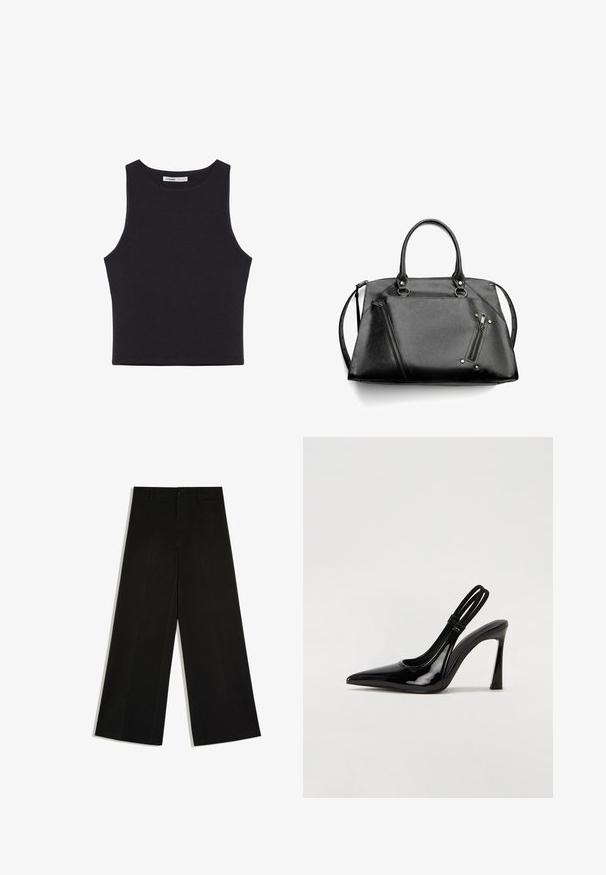 Débardeur court noir sans manches avec encolure ronde, ourlet droit et petite étiquette de marque à l'intérieur du col.; Pantalon noir à jambes larges avec passants de ceinture, fermeture devant par bouton et zip, posé à plat sur fond blanc.; Escarpin en cuir verni noir à talon aiguille, à bout pointu, avec une sangle élastique double pour un maintien sécurisé. Surface lisse et brillante.; Sac à main en cuir synthétique noir avec double poignées, une bandoulière amovible, des zips angulaires et des ferrures en argent. Fini texturé avec des détails de couture.