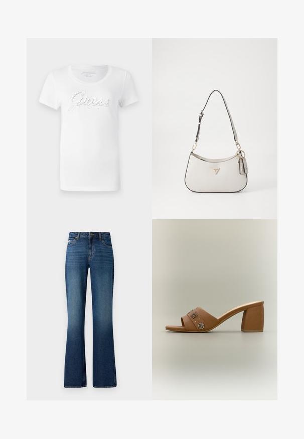 T-shirt blanc à manches courtes avec logo « Guess » en relief orné de strass, col rond et en tissu en coton doux.; Jeans évasés dans un lavage bleu moyen, présentant un design classique à cinq poches, une fermeture à bouton et une texture légèrement décolorée.; Mule marron à bout ouvert avec talon bloc et clous décoratifs dorés sur une large bride avant.; Sac à main texturé blanc avec une forme incurvée, des finitions dorées, une bandoulière amovible et un accent de logo. Comprend une étiquette porte-clés avec la marque.