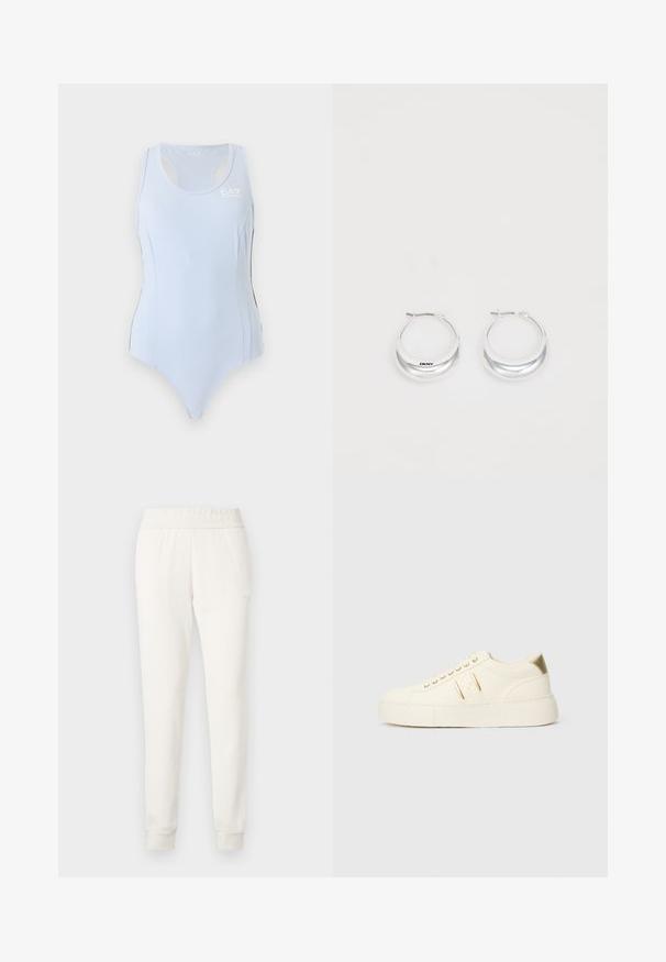 Justaucorps de sport bleu clair sans manches avec dos nageur et petit logo blanc EA7 sur le haut du côté gauche de la poitrine.; Pantalon de jogger crème en tissu doux, avec une taille et des poignets ajustés. Design simple sans motifs visibles ni ornements.; Baskets basses de couleur crème avec des accents dorés, des lacets et un marquage « Armani Exchange » en relief sur la semelle et le patch latéral.; Boucles d'oreilles en argent avec une finition polie et un branding DKNY, présentées sur un fond blanc uni.