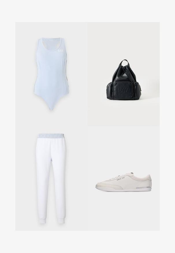 Justaucorps de sport bleu clair sans manches avec dos nageur et petit logo blanc EA7 sur le haut du côté gauche de la poitrine.; Pantalon de survêtement blanc avec une ceinture élastique rayée bleue. Coupe fuselée, texture douce et poignets côtelés pour un ajustement confortable.; Baskets basses blanc cassé et beige à lacets, avec des détails en cuir lisse et en daim, arborant un petit logo Michael Kors sur le côté.; Sac à dos en cuir noir avec cordon, poches zippées à l'avant et sur le côté, avec logo "EA7 Emporio Armani" embossé sur la poche avant.