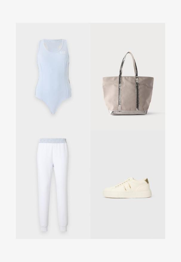 Justaucorps de sport bleu clair sans manches avec dos nageur et petit logo blanc EA7 sur le haut du côté gauche de la poitrine.; Pantalon de survêtement blanc avec une ceinture élastique rayée bleue. Coupe fuselée, texture douce et poignets côtelés pour un ajustement confortable.; Baskets basses de couleur crème avec des accents dorés, des lacets et un marquage « Armani Exchange » en relief sur la semelle et le patch latéral.; Grand sac cabas beige avec deux poignées ornées de sequins et une bande de sequins le long du bord inférieur sur un fond clair uni.