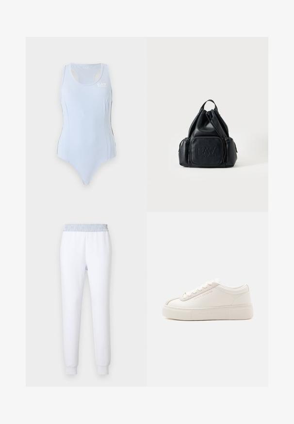 Justaucorps de sport bleu clair sans manches avec dos nageur et petit logo blanc EA7 sur le haut du côté gauche de la poitrine.; Pantalon de survêtement blanc avec une ceinture élastique rayée bleue. Coupe fuselée, texture douce et poignets côtelés pour un ajustement confortable.; Sneakers basses blanches avec une semelle épaisse, un laçage à l’avant et un marquage subtil Armani Exchange sur le côté et la semelle, présentées sur un fond uni.; Sac à dos en cuir noir avec cordon, poches zippées à l'avant et sur le côté, avec logo "EA7 Emporio Armani" embossé sur la poche avant.
