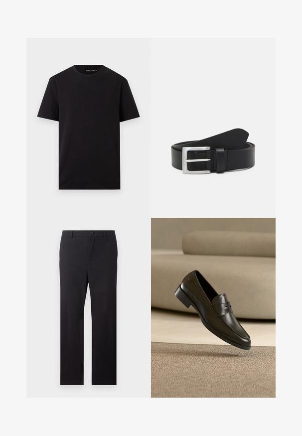 T-shirt noir à manches courtes avec col rond et ourlet droit, en tissu lisse, présenté sur fond blanc uni.; Pantalon noir droit avec passants de ceinture et fermeture à bouton sur le devant, sur fond blanc.; Mocassin en cuir noir flottant au-dessus d'un tapis beige avec un canapé beige en arrière-plan, mettant en valeur le design classique pour hommes sans lacets.; Ceinture en cuir noir avec une texture lisse, boucle rectangulaire en argent et une boucle pour l'extrémité. Présente des coutures soignées le long des bords.