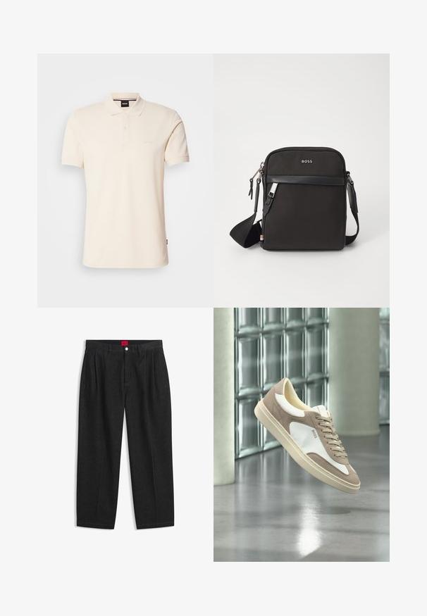Beige Poloshirt aus Baumwolle mit Kragen und Knopfleiste mit zwei Knöpfen. Auf der Brust ist das Logo "BOSS" gestickt, kurze Ärmel, schlichtes Design.; Schwarze Hose mit hoher Taille, vorderen Falten, Gürtelschlaufen, Knopf- und Reißverschluss sowie einem roten Etikett innen am Bund.; Beige und weiße Wildleder-Sneaker mit Schnürsenkeln und „BOSS“-Logo, schwebend über einem polierten Betonboden mit Glasbausteinwänden im Hintergrund.; Schwarze Umhängetasche aus strukturiertem Stoff, mit Logo auf der Vorderseite, Reißverschluss und verstellbarem Tragegurt. Verfügt über eine glatte Lederbesatz.