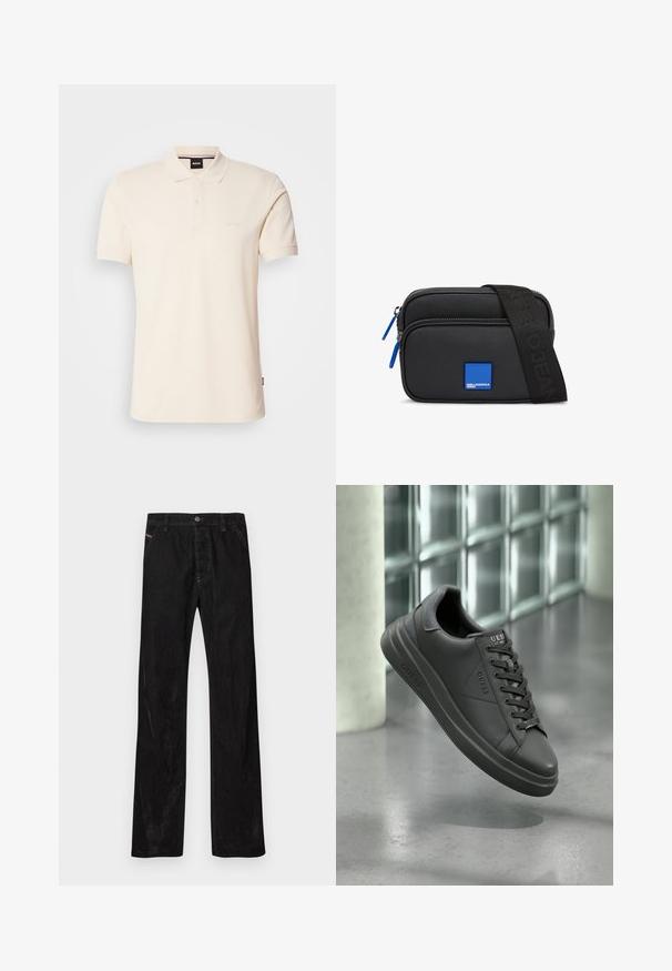 Beige Poloshirt aus Baumwolle mit Kragen und Knopfleiste mit zwei Knöpfen. Auf der Brust ist das Logo "BOSS" gestickt, kurze Ärmel, schlichtes Design.; Schwarze Kordhosen mit geradem Bein, ausgestattet mit einem Knopfverschluss, subtiler Markenkennzeichnung und zwei vorderen Taschen. Glatte Textur und einfarbige Farbe.; Schwarze Leder-Sneaker mit glatter Oberfläche, runder Zehenform, strukturierten Akzenten und Schnürdesign. Logo auf der Zunge angebracht.; Schwarze synthetische Umhängetasche mit einem blauen quadratischen Logo, zwei Reißverschlussfächern und einem schwarzen Riemen mit Markenaufschrift.