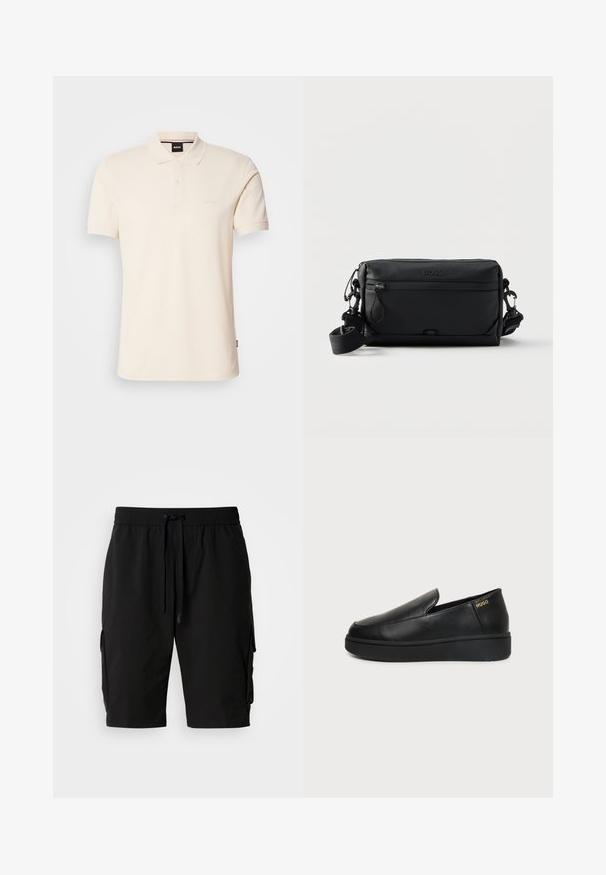 Polo beige en coton, avec col et patte de boutonnage à deux boutons. Logo "BOSS" brodé sur la poitrine, manches courtes, design simple.; Shorts cargo noirs en tissu léger, dotés d'une taille élastique, d'un cordon de serrage et de poches cargo latérales pour un rangement supplémentaire.; Chaussure noire en cuir à enfiler avec semelle épaisse et petits trous de ventilation latéraux, avec un logo doré "HUGO" près du talon.; Sac bandoulière rectangulaire noir avec poche avant zippée, sangle réglable et logo "BOSS" embossé en haut au centre.