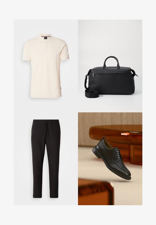 Beige Poloshirt aus Baumwolle mit Kragen und Knopfleiste mit zwei Knöpfen. Auf der Brust ist das Logo "BOSS" gestickt, kurze Ärmel, schlichtes Design.; Schwarze Jogginghose aus glattem Stoff. Mit einem elastischen Bund und Kordelzug, schmal zulaufenden Beinen und ohne sichtbare Taschen. Einfaches Design.; Schwarzer Leder-Schnürschuh mit texturierter Vorderseite, schwebend über beigem Teppich in einem modernen Raum mit bernsteinfarbenen Möbeln.; Schwarze Leder-Reisetasche mit zwei Oberhandgriffen, einem abnehmbaren Schultergurt und einer Reißverschlusstasche auf der Vorderseite für zusätzlichen Stauraum.