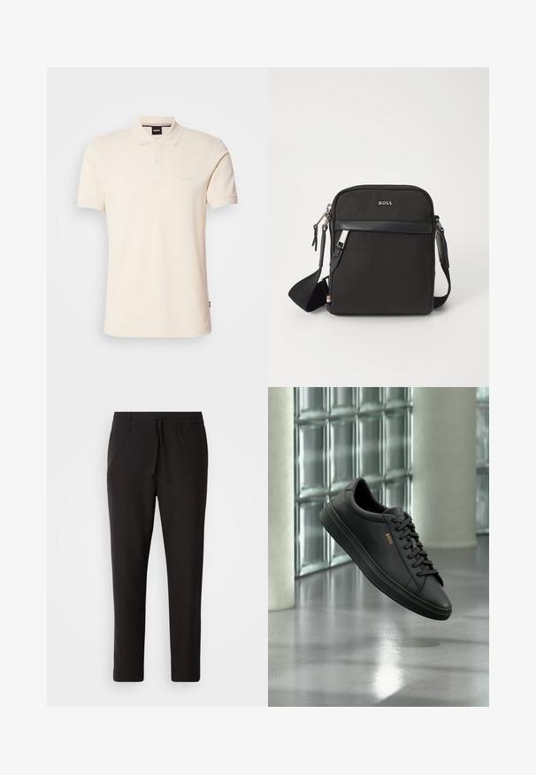 Beige puuvillane polo-särgid, millel on krae ja kahe nööbiga lukustus. Rinnal on tikitud "BOSS" logo, lühikesed varrukad, lihtne disain.; Mustad jogger-püksid, mis on valmistatud siledast kangast. Omavad elastset pihaotsikut koos paelaga, kitsenevaid jalaosi ja nähtamatuid taskuid. Lihtne disain.; Mustad madala säärega nahast tennised mustade paelte ja kuldse BOSS logo külgedel, hõljuvad läikiva halli põranda kohal moodsas siseruumis.; Must mustra kott, millel on tekstuuriga kangas, logo ees, lukuga sulgemine ja reguleeritav rihm. Funktsiooniks on sile nahaäär.