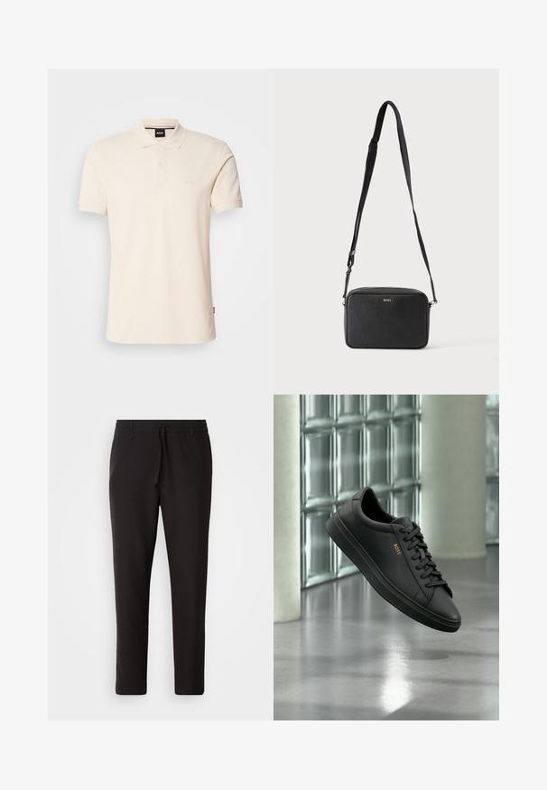 Beige Poloshirt aus Baumwolle mit Kragen und Knopfleiste mit zwei Knöpfen. Auf der Brust ist das Logo "BOSS" gestickt, kurze Ärmel, schlichtes Design.; Schwarze Jogginghose aus glattem Stoff. Mit einem elastischen Bund und Kordelzug, schmal zulaufenden Beinen und ohne sichtbare Taschen. Einfaches Design.; Schwarzer flacher Ledersneaker mit schwarzen Schnürsenkeln und goldenem BOSS-Logo an der Seite, schwebend über einem glänzenden grauen Boden in einem modernen Innenraum.; Schwarze rechteckige Umhängetasche mit verstellbarem Riemen und BOSS-Logo auf der Vorderseite, vor einem einfarbigen hellen Hintergrund.