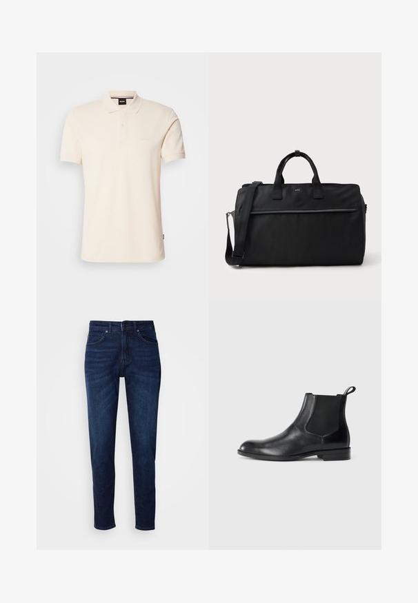 Beige Poloshirt aus Baumwolle mit Kragen und Knopfleiste mit zwei Knöpfen. Auf der Brust ist das Logo "BOSS" gestickt, kurze Ärmel, schlichtes Design.; Dunkelblaue Jeans aus Denim mit geradem Bein, ausgestattet mit Taschen und einem Knopfverschluss an der Taille. Weiche Textur, minimale Ausbleichungen.; Schwarze Leder-Stiefelette mit elastischen Seiteneinsätzen, abgerundeter Zehenpartie und einem Zugschlauf. Glatte Textur, flache Sohle, minimalistisches Design.; Schwarze rechteckige Reisetasche mit zwei Griffen, verstellbarem Schultergurt, vorderer Zippertasche und kleinem "BOSS"-Logo auf der Vorderseite.