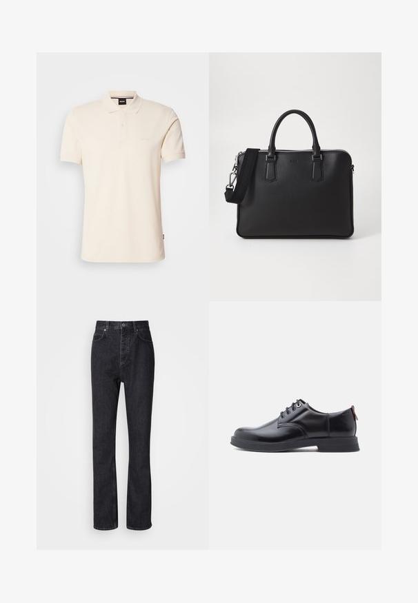 Beige Poloshirt aus Baumwolle mit Kragen und Knopfleiste mit zwei Knöpfen. Auf der Brust ist das Logo "BOSS" gestickt, kurze Ärmel, schlichtes Design.; Hochtaillierte schwarze Jeans aus Denim mit Knopf- und Reißverschluss, Vorder- und Hintertaschen sowie einer geraden Passform.; Schwarze Leder-Schnürschuhe mit glatter Textur, rundem Zehenbereich und dezenten Ziernähten. Mit einem roten Laschenband an der Ferse.; Schwarze Ledertasche mit strukturierten Oberflächen, zwei Griffen und einem abnehmbaren Schultergurt. Verfügt über silberne Reißverschlüsse und minimalistische Designelemente.