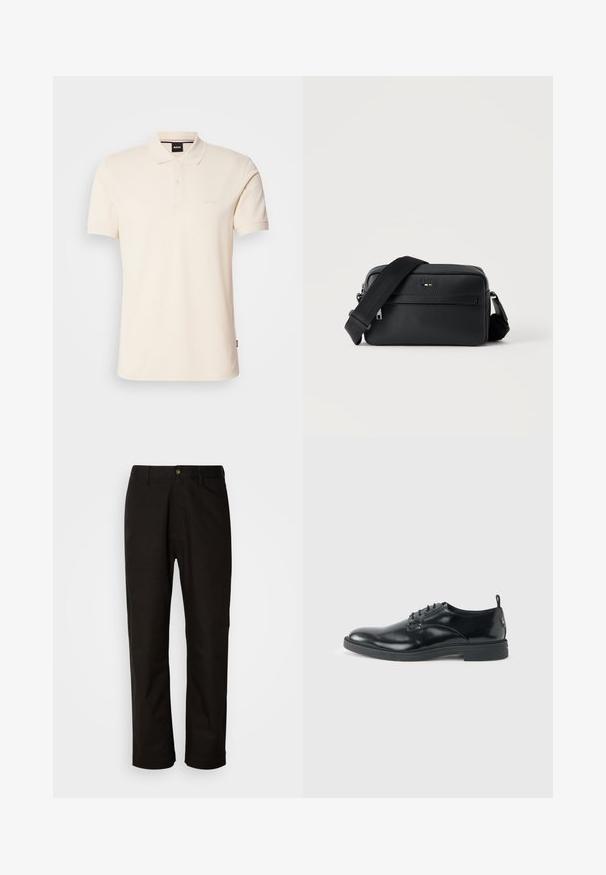 Beige Poloshirt aus Baumwolle mit Kragen und Knopfleiste mit zwei Knöpfen. Auf der Brust ist das Logo "BOSS" gestickt, kurze Ärmel, schlichtes Design.; Schwarze Baumwollhosen mit geradem Schnitt, Gürtelschlaufen, einem Reißverschluss vorne und einem einzelnen Knopfverschluss. Glatte Textur ohne sichtbare Muster.; Glänzender schwarzer Lederschuh mit niedrigem Absatz, Schnürverschluss und runder Kappe, seitlich auf hellem, schlichten Hintergrund gezeigt.; Schwarze, strukturierte Leder-Crossbody-Tasche mit vorderer Reißverschlusstasche und verstellbarem breitem Stoff-Schulterriemen auf weißem Hintergrund.