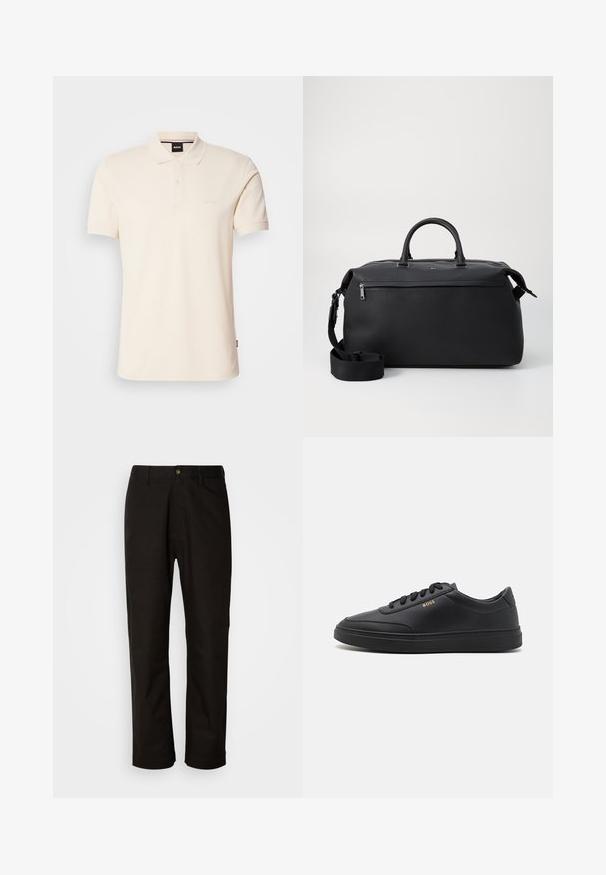 Polo beige en coton, avec col et patte de boutonnage à deux boutons. Logo "BOSS" brodé sur la poitrine, manches courtes, design simple.; Pantalon en coton noir avec une coupe droite, des passants de ceinture, une fermeture éclair à l'avant et un seul bouton. Texture lisse sans motifs visibles.; Baskets en cuir noir avec une texture lisse, bout rond, semelle en caoutchouc plate et lacets ton sur ton. Présente une marque "BOSS" dorée sur le côté.; Sac de voyage en cuir noir avec deux poignées supérieures, une bandoulière amovible et une poche avant zippée pour un espace de rangement supplémentaire.