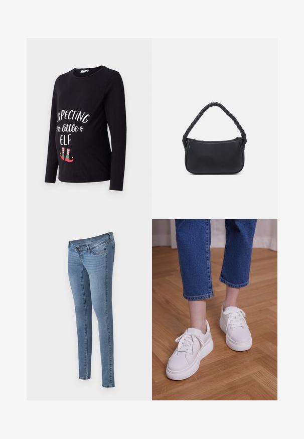 Camiseta de maternidad negra de manga larga con el texto en blanco "Esperando a un pequeño duende" y zapatos de duende en verde y rojo en la parte inferior. Material de algodón suave.; MAMALICIOUS Skinny fit maternity Mid waist - Vaqueros pitillo - medium blue denim; Piernas con vaqueros azules recortados y zapatillas blancas con cordones y plataforma, de pie sobre un suelo de madera clara.; Bolso negro de forma redondeada, hecho de material liso. Presenta un asa trenzada y un cierre de cremallera para un almacenamiento seguro.