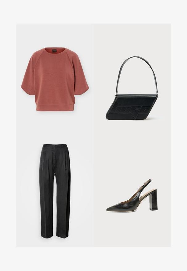 Sweat-shirt rose poudré à manches courtes et col rond avec manches raglan et ourlet côtelé, présentant un petit logo près du bord inférieur.; Pantalon noir à jambes larges en tissu lisse, avec plis sur le devant, braguette zippée et ceinture classique.; Chaussure slingback en cuir noir à bout pointu avec un talon bloc haut et une doublure intérieure beige sur un fond clair uni.; Sac d'épaule en cuir noir de forme triangulaire, avec un logo embossé et une seule bandoulière réglable. Design minimaliste avec une texture lisse.