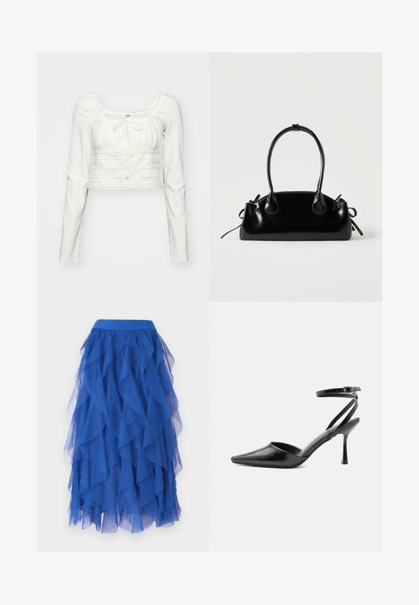 Langärmliges, weißes, kurzes Oberteil mit quadratischem Ausschnitt, Kordelzug-Detail und Spitzenbesatz über der Brust und am Saum, mit gerafftem Muster.; Blauer, mehrlagiger Tüllrock mit gewelltem Design, ausgestattet mit einem breiten Bund und weicher, transparenter Textur. Rüschen schaffen ein voluminöses Aussehen.; Schwarzer spitzer High Heel mit dünnen Knöchelriemen und silberner Schnalle auf einfachem hellem Hintergrund.; Kleine schwarze glänzende Handtasche mit zwei langen Griffen und seitlichen Kordelzug-Details vor einfachem hellem Hintergrund.