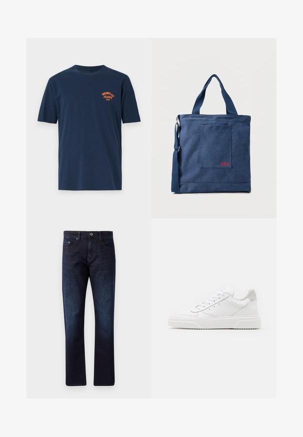 Marineblå bomulds t-shirt med korte ærmer, rund hals og et orange broderet "Wrangler Jeans 1947" logo på brystet.; Mørkeblå denimjeans med lige snit, der har to forlommer, en møntlomme og en knaplukning. Let falmet tekstur.; Hvide lædersneakers med en glat finish, rund tå, flade snørebånd og en struktureret sål. Grå ruskindsdetalje ved hælen.; Blå lærredstote taske med frontlomme og rød "O.N.S" broderi, med to håndtag og en justerbar skulderrem.