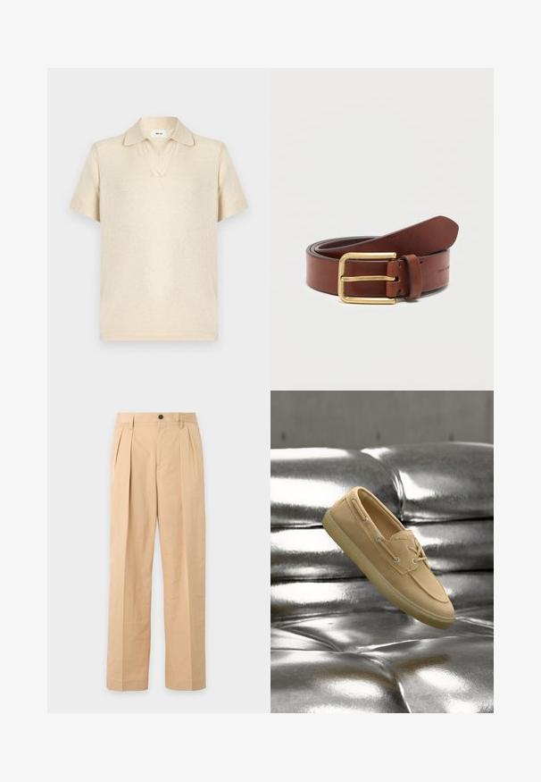 Polo beige à manches courtes avec col ouvert et texture de tissu doux, posé à plat sur un fond blanc.; Pantalon beige plissé avec fermeture bouton et zip, passants de ceinture et jambes droites larges.; Chaussure bateau en daim beige avec des détails de lacets, flottant au-dessus d'une surface en cuir argenté métallisé brillant et capitonné.; Ceinture en cuir marron avec boucle rectangulaire dorée, roulée sur un fond blanc uni.