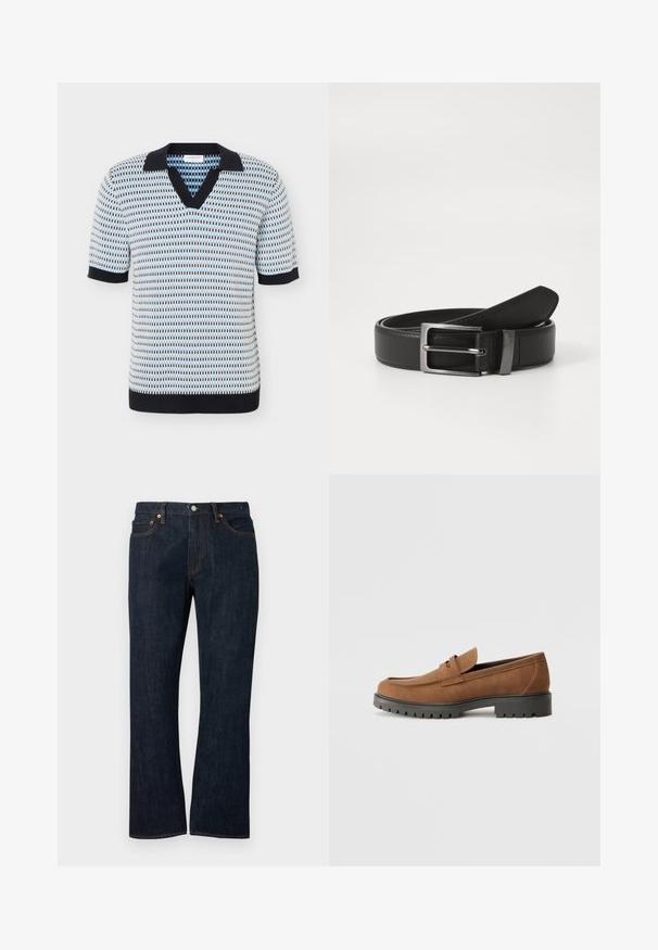Polo en maille à manches courtes avec motif géométrique bleu, blanc et noir, col noir, poignets de manches et ceinture noirs.; Jean droit en denim bleu foncé avec poches avant, rivets en cuivre et fermeture par bouton.; Mocassins en daim marron avec un bout arrondi et une semelle noire en caoutchouc basse, présentant une sangle décorative et des détails de couture sur le dessus.; Ceinture en cuir noir avec une boucle en métal argenté, présentant une finition lisse et un design classique. La ceinture est soigneusement pliée.