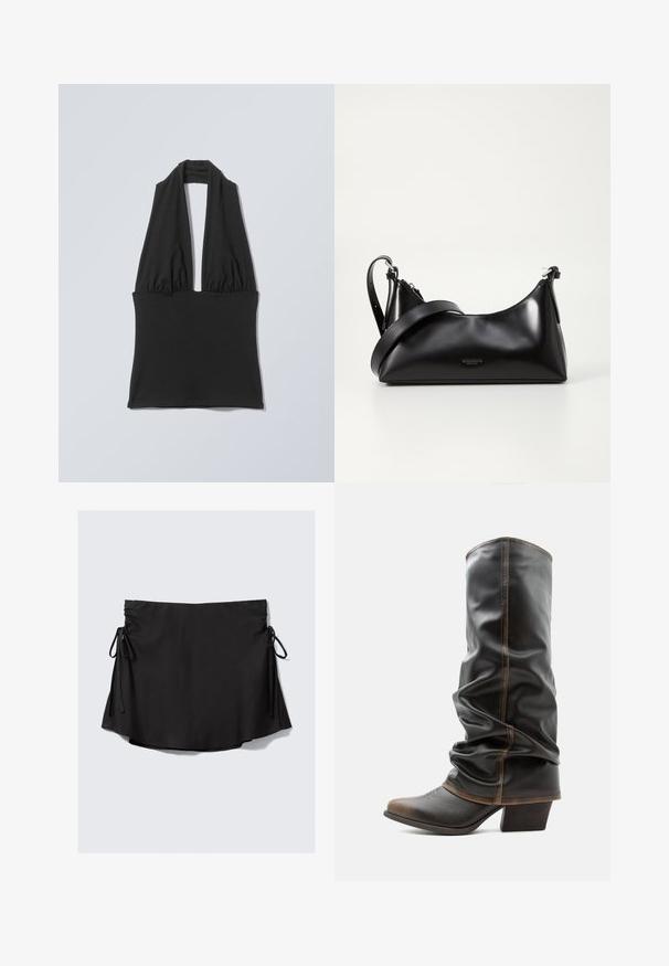 Haut noir sans manches à col licou avec tissu froncé au niveau de la poitrine et large bande à la taille, présenté sur un fond plat gris clair.; Jupe en tissu noir à la texture douce, dotée de liens ajustables de chaque côté et d'un ourlet incurvé. Design simple et moderne.; Botte haute en cuir noir décontractée avec des accents marron, bout pointu et talon empilé sur fond blanc uni.; Sac à main en cuir noir avec une texture lisse. Dispose d'une bandoulière adjustable et d'un design élégant et minimaliste avec une fermeture éclair.