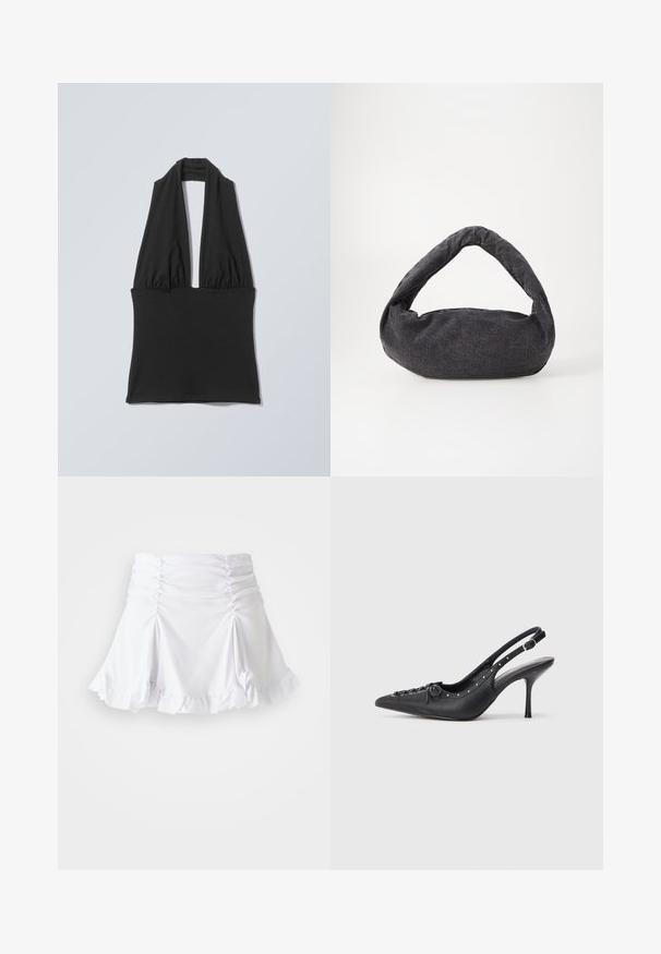 Haut noir sans manches à col licou avec tissu froncé au niveau de la poitrine et large bande à la taille, présenté sur un fond plat gris clair.; Jupe blanche en tissu texturé avec des détails froncés et un ourlet volanté. Présente un design évasé avec une taille ajustée.; Escarpin en cuir noir à talon aiguille avec un bout pointu, une bride latérale à boucle, des clous le long du bord et un laçage décoratif à l'avant.; Sac en tissu gris foncé avec une anse courbée, texture douce et forme arrondie. Pas de matériel ou d'embellissements visibles.