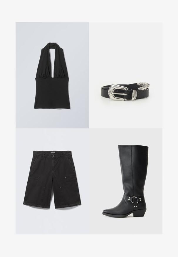 Haut noir sans manches à col licou avec tissu froncé au niveau de la poitrine et large bande à la taille, présenté sur un fond plat gris clair.; Shorts noirs mi-genoux avec grandes poches plaquées à l'avant, fermeture par bouton métallique, passants pour ceinture et poches latérales, posés à plat sur un fond clair.; Bottines noires en cuir hauteur genou avec un bout pointu, dotées d'une sangle décorative à la cheville et d'accents en métal argenté. Talon bas empilé.; Ceinture en cuir noir avec une grande boucle en métal argenté dotée de détails complexes et d'accents décoratifs à chaque extrémité.