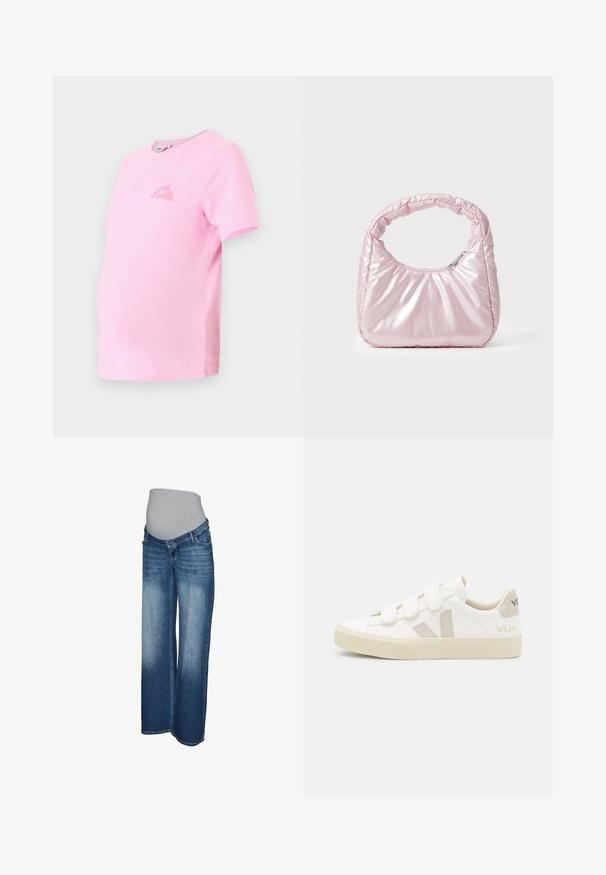 Roze zwangerschaps T-shirt van zacht katoen. Heeft een ronde hals, korte mouwen en een klein bloemenlogo op de borst.; Zwangerschapsjeans in licht tot donkerblauw denim. Wijdere pijp met een grijze elastische tailleband voor comfort en rekbaarheid. Geen zichtbare hardware.; Witte sneakers met klittenbandsluitingen, suède accenten in beige, gestructureerde rubberen zool en een V-logo in grijs. Minimalistisch ontwerp, ronde vorm.; Roze, gevoerde handtas met een afgeronde vorm, gemaakt van glanzend materiaal. Beschikt over een geplooide handgreep en een ritssluiting voor veilige toegang.